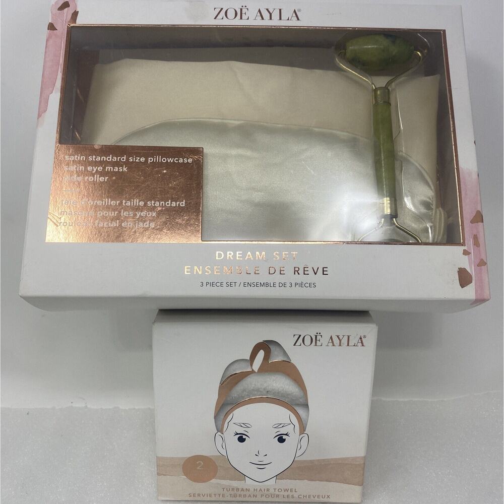 Zoe Ayla Dream Set Satin Pillowcase Eye Mask Jade Roller Hair Towel New
